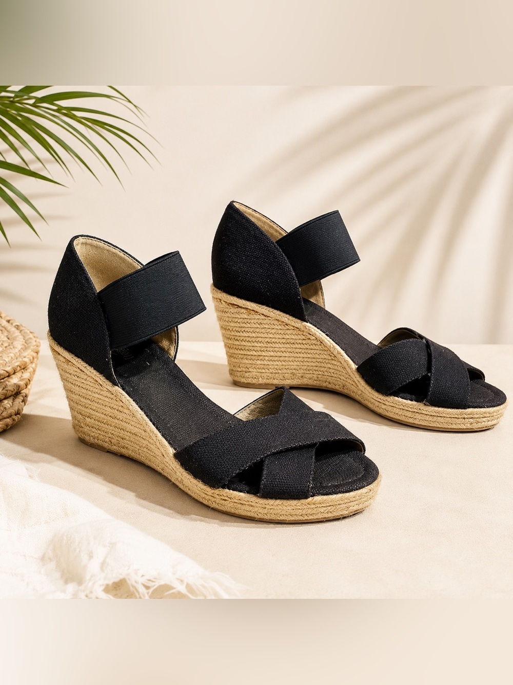 Nine West Black Espadrille Wedge Sandals with Elastic Ankle Strap 7M